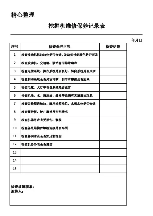 挖掘机日巡检及维修保养记录表格模板
