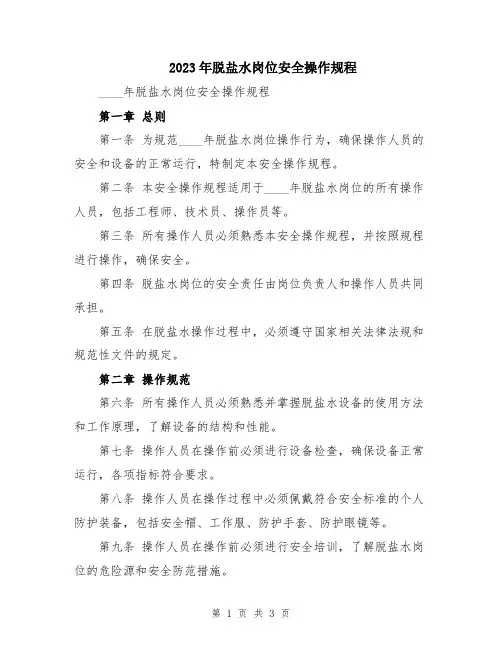 2023年脱盐水岗位安全操作规程