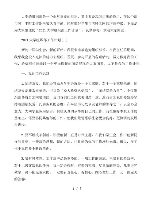 2021大学组织部工作计划