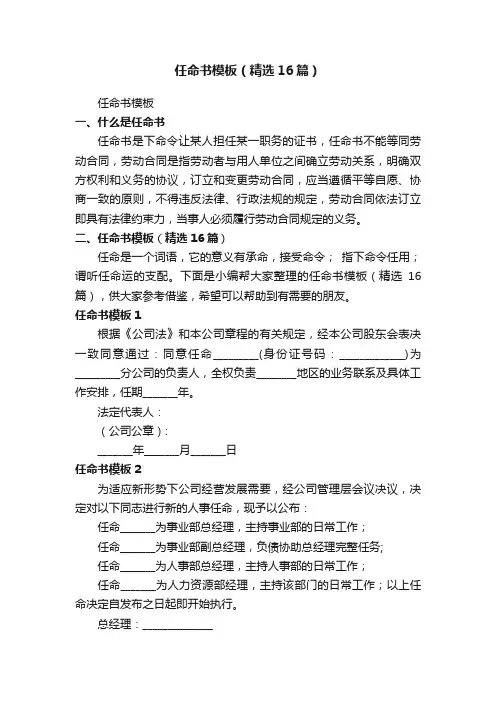 任命书模板（精选16篇）