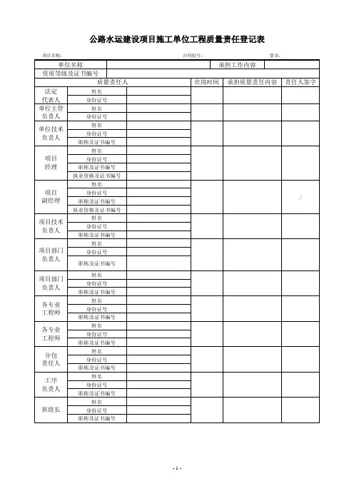 公路水运建设项目施工单位工程质量责任登记表
