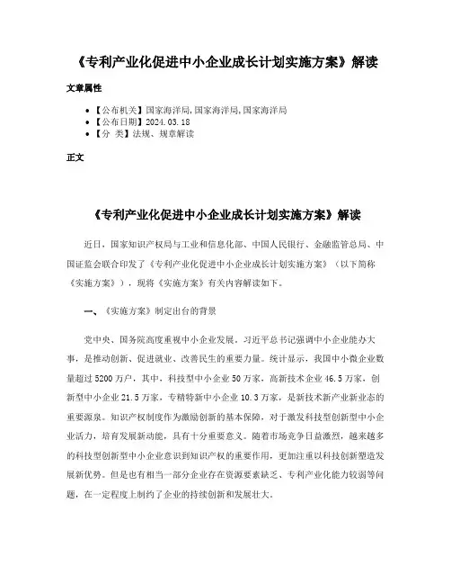 《专利产业化促进中小企业成长计划实施方案》解读