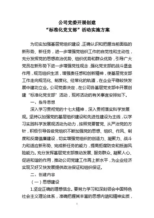 公司党委标准化党支部创建方案