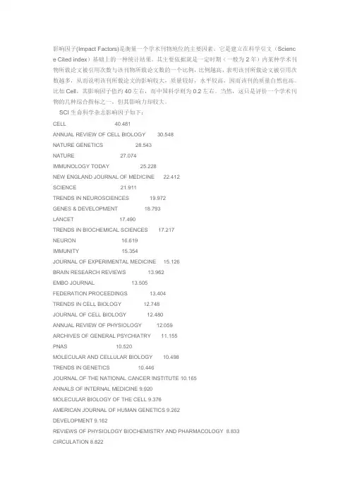 生命科学类期刊影响因子