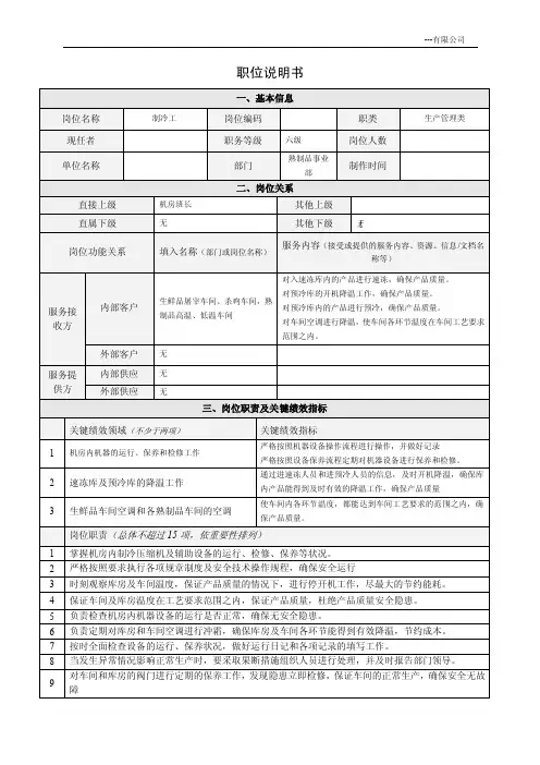 冷库企业制冷工岗位说明书
