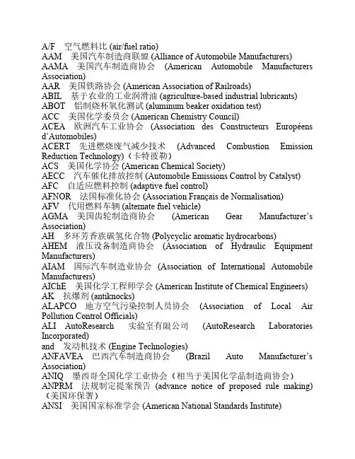 润滑油缩略词汇表