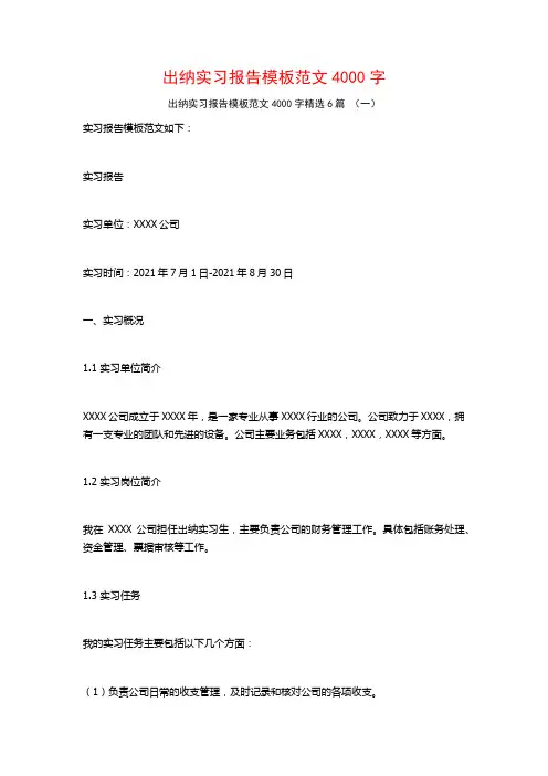 出纳实习报告模板范文4000字6篇