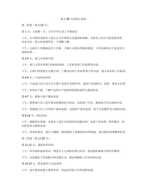新人30天培训计划表