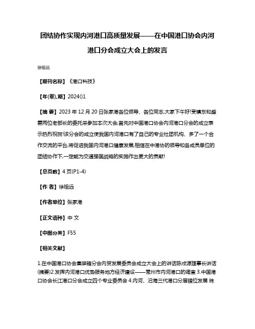 团结协作实现内河港口高质量发展——在中国港口协会内河港口分会成立大会上的发言