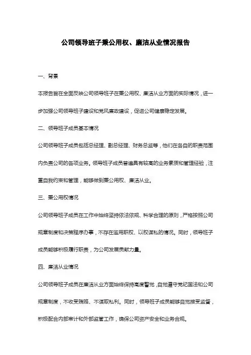 公司领导班子秉公用权、廉洁从业情况报告