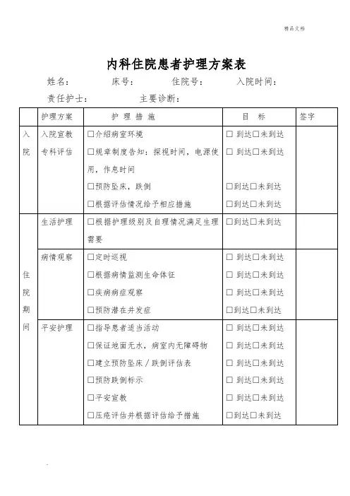 内科住院患者护理计划表