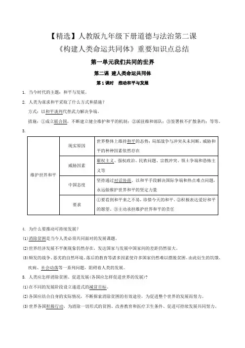 【精选】人教版九年级下册道德与法治第二课《构建人类命运共同体》重要知识点总结