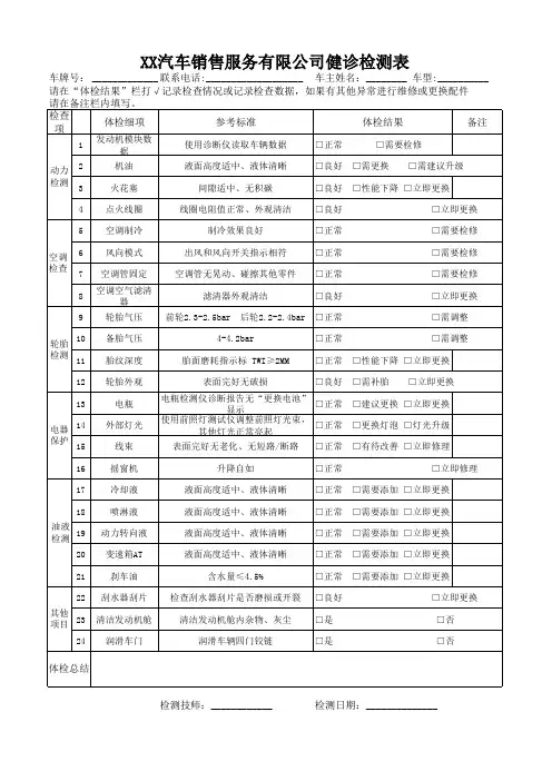 汽车4S店售后车辆免费检查单