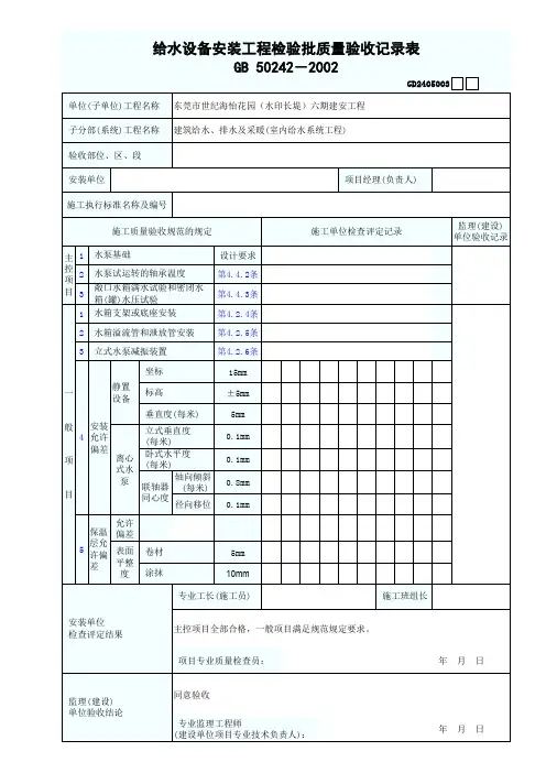 给水设备安装工程检验批质量验收记录表