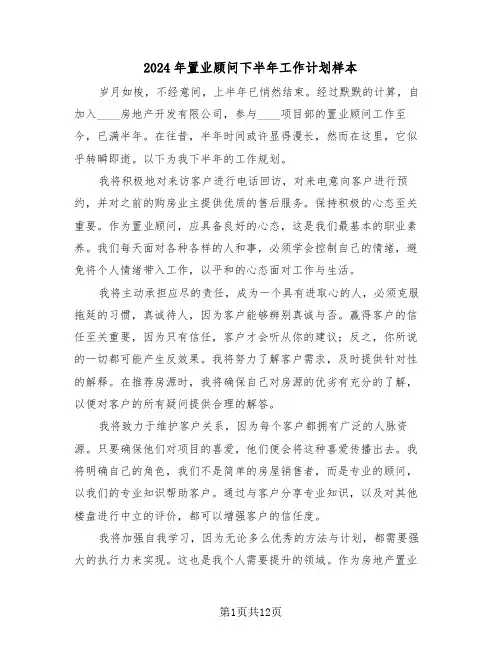 2024年置业顾问下半年工作计划样本（六篇）
