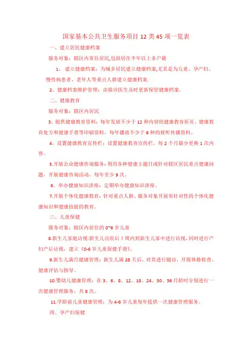 国家基本公共卫生服务项目12类45项一览表