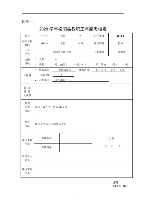 2020学年年度考核表(带总结)