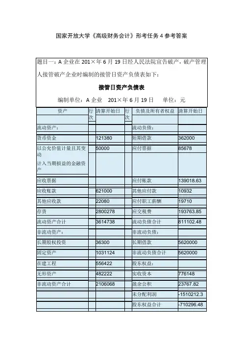 国家开放大学《高级财务会计》形考任务4参考答案