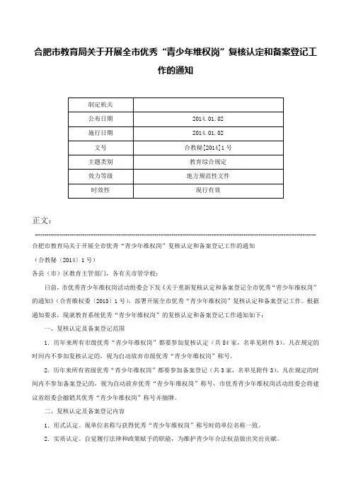 合肥市教育局关于开展全市优秀“青少年维权岗”复核认定和备案登记工作的通知-合教秘[2014]1号