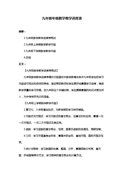 九年级年级数学教学进度表