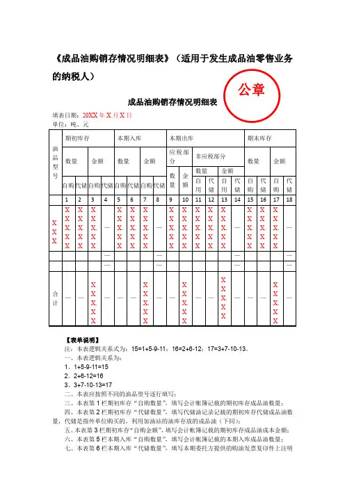 《成品油购销存情况明细表》(填写样例)