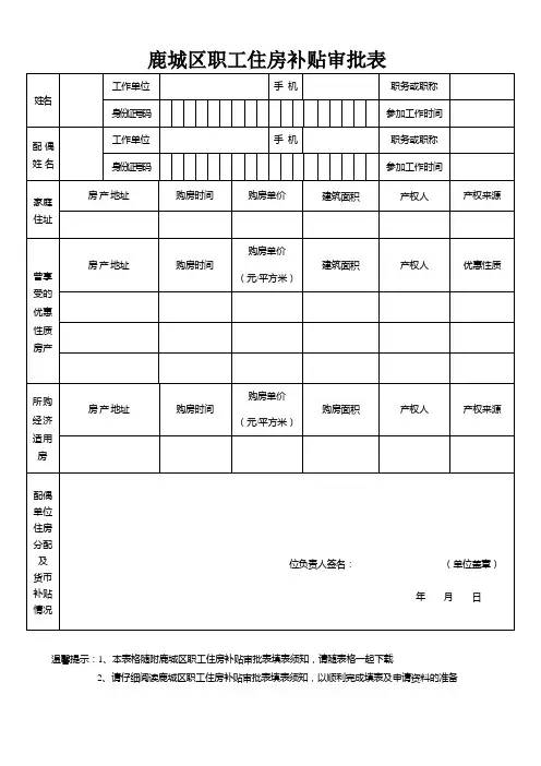 鹿城区职工住房补贴审批表