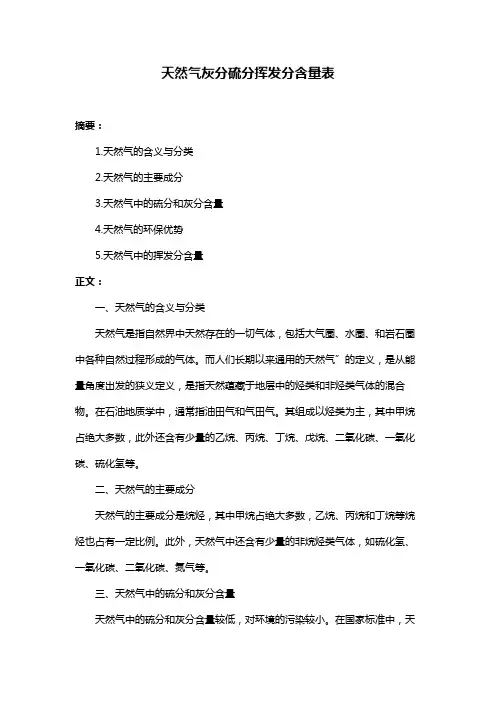 天然气灰分硫分挥发分含量表