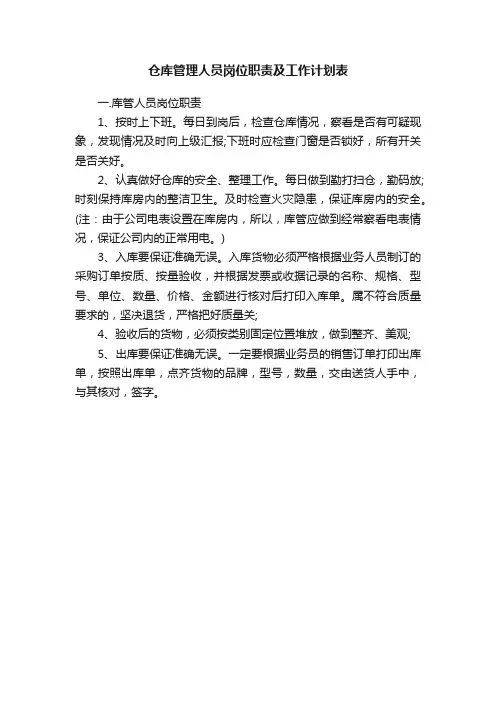 仓库管理人员岗位职责及工作计划表