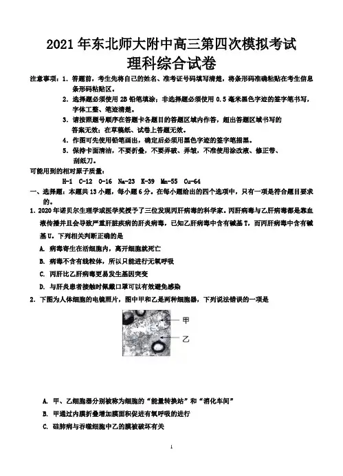 2021年东北师大附中高三第四次模拟考试理科综合试卷-含答案与解析