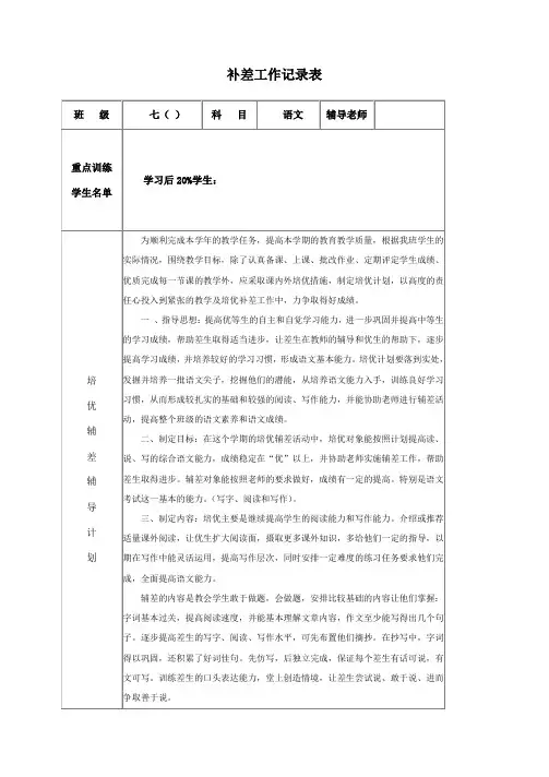 七年级语文培优补差工作记录表