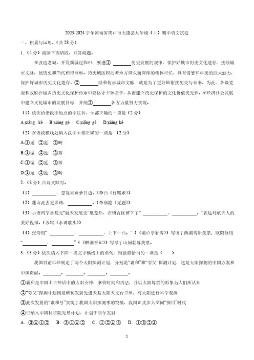 河南省周口市太康县2023-2024学年九年级上学期11月期中语文试题(含答案)