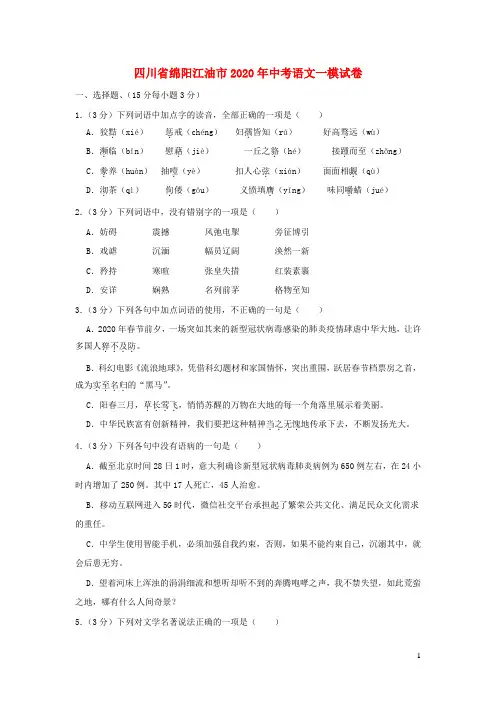 2020年中考语文一模试卷