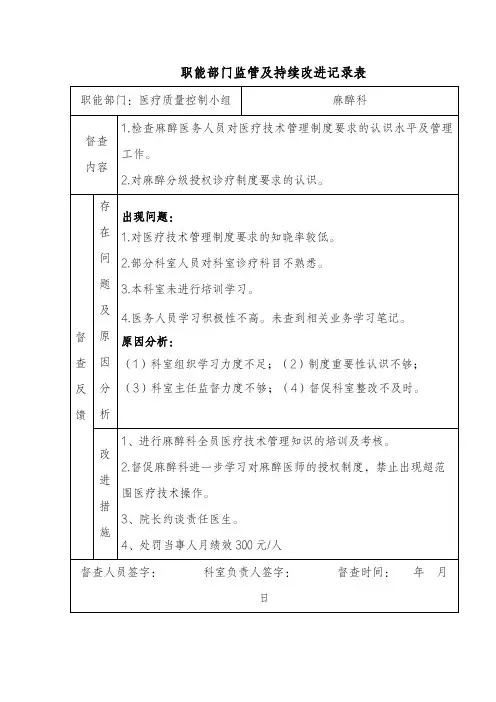 麻醉科职能部门监管及持续改进记录表