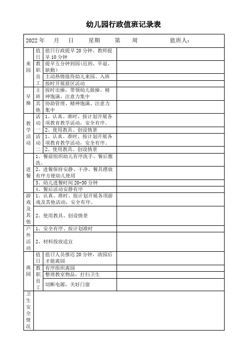 幼儿园行政值班记录表