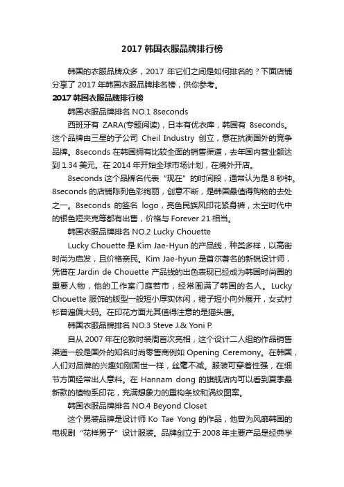 2017韩国衣服品牌排行榜