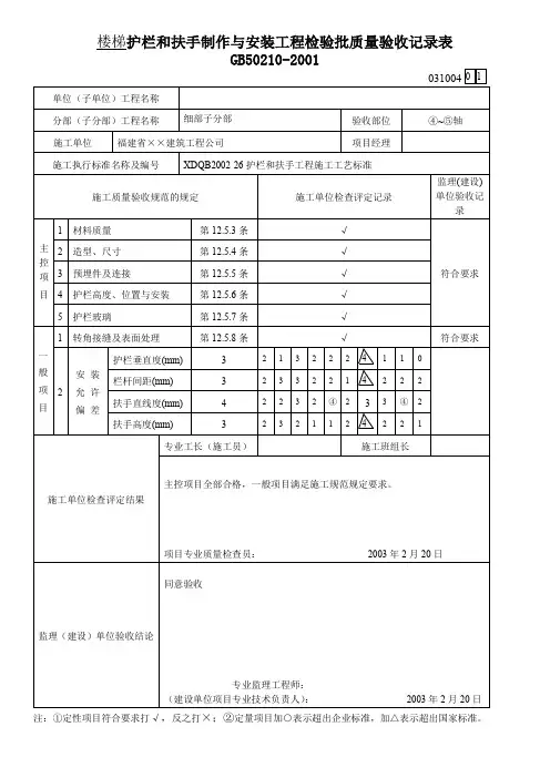 楼梯护栏和扶手制作与安装工程检验批质量验收记录表