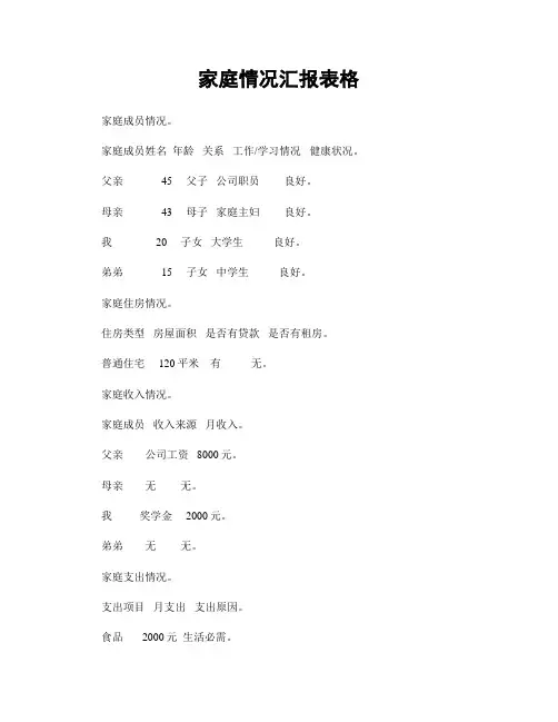 家庭情况汇报表格