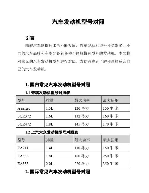 汽车发动机型号对照