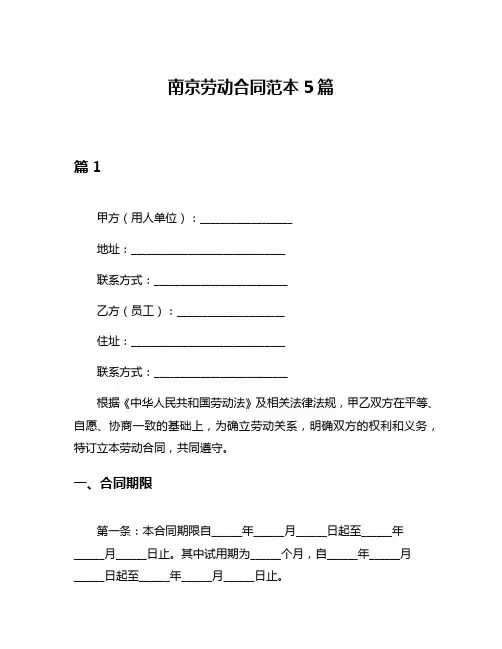 南京劳动合同范本5篇