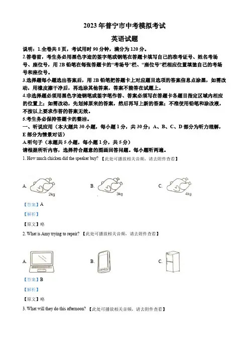 2023年广东省揭阳市普宁市中考一模英语试题(含听力)(解析版)