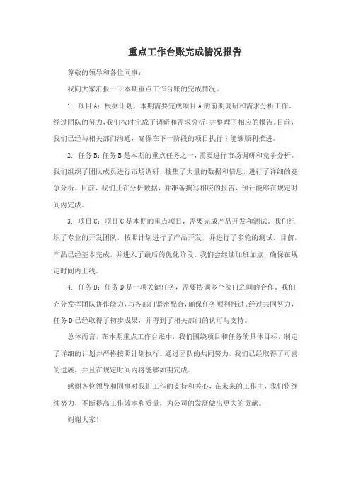 重点工作台账完成情况报告