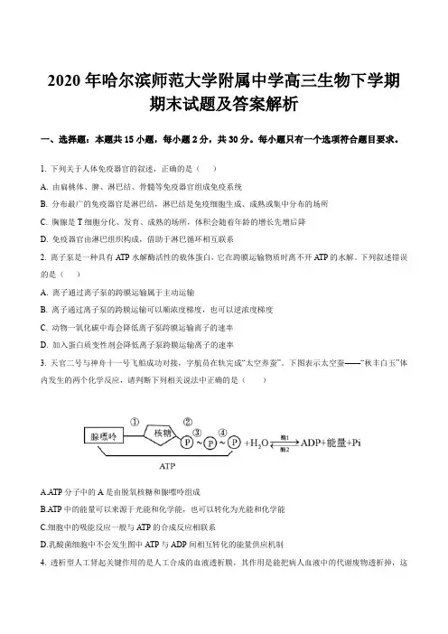 2020年哈尔滨师范大学附属中学高三生物下学期期末试题及答案解析