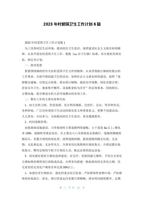 2023年村爱国卫生工作计划6篇