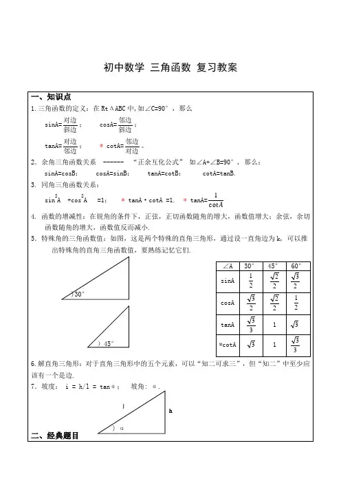 初中数学 三角函数 复习教案