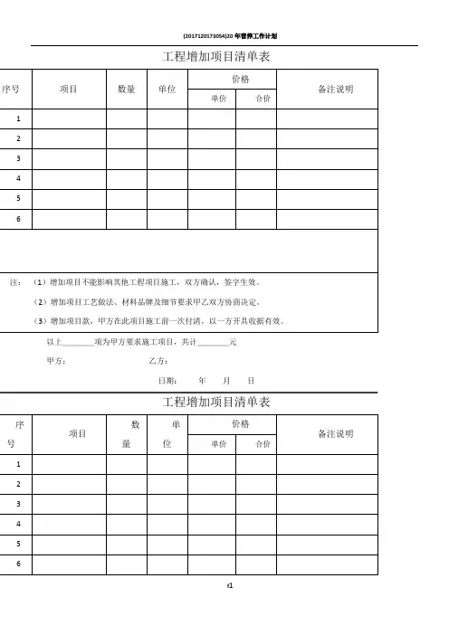 工程增加项目清单表