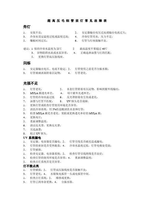 超 高 压 毛 细 管 汞 灯 常 见 故 障 表