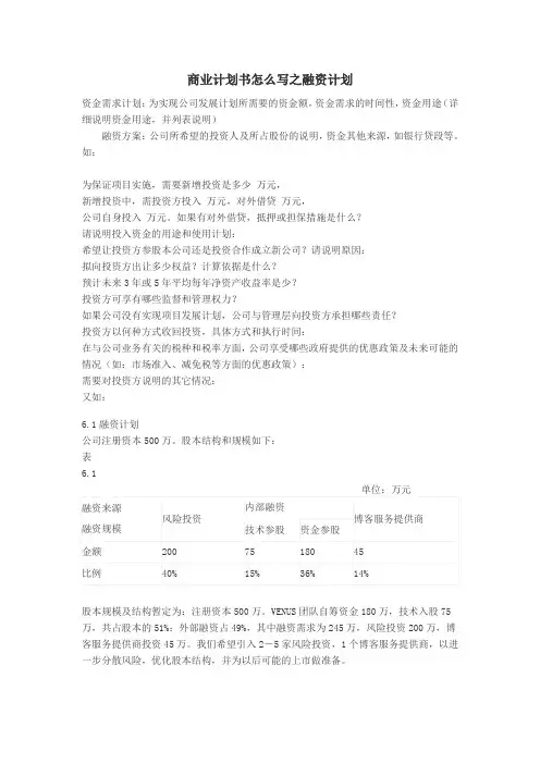 商业计划书怎么写之融资计划