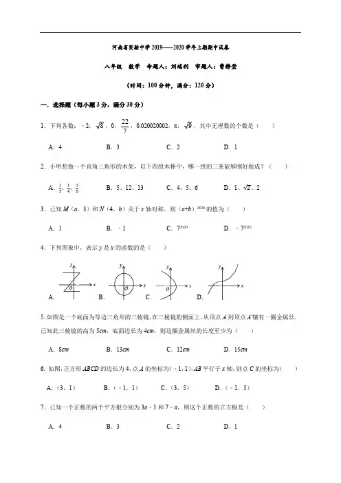 河南省实验中学2019—2020学年上期期中试卷(含答案)