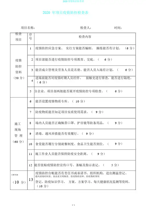 2020疫情防控检查表