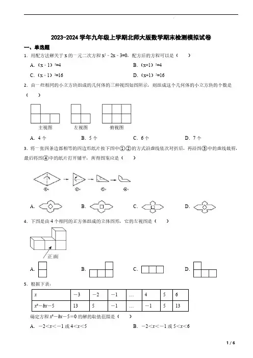 2023—2024学年北师大版数学九年级上册期末检测模拟试卷含参考答案